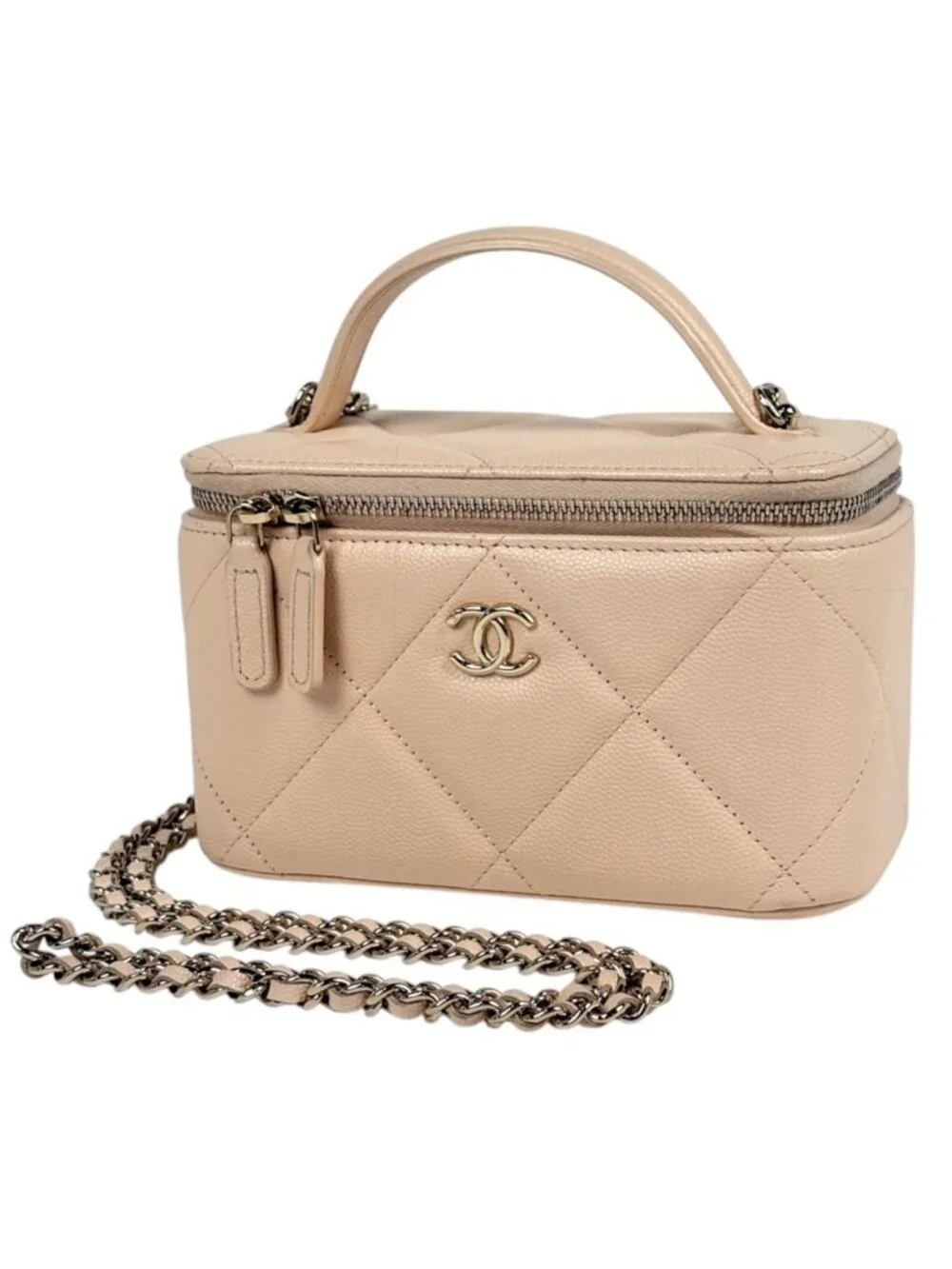 Chanel Shoulder Bag CC Logo Vanity Top Handle Caviar Leather Beige